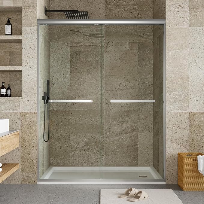 Semi-Frameless Shower Door 56-60" W x 72" H, Double Sliding Doors, Tempered Glass, Easy-Clean & Durable Bathroom Door with Hardware Kit