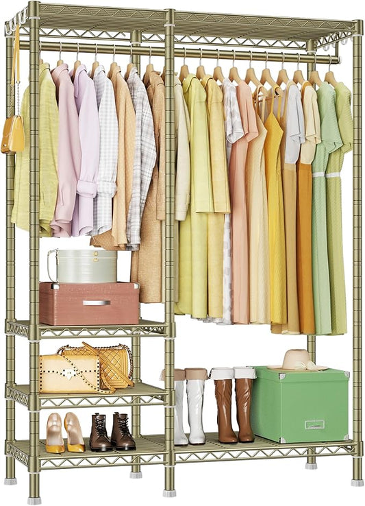 Ulif F4 Heavy Duty Clothes Rack (With Hanger Rod) Freestanding Clothing Racks for Hanging Clothes，Adjustable Closet Organizer System, Portable Garment Rack 45"W x 15.8"D x 71.3"H,Max Load 600LBS, Gold