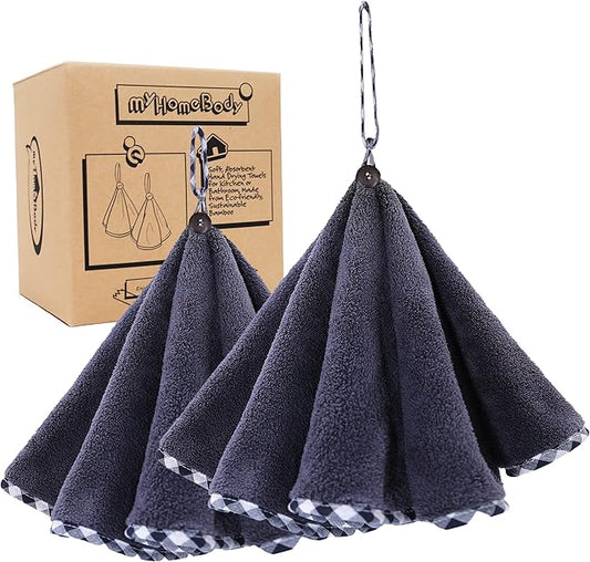 myHomeBody Hand Towels with Hanging Loops, Absorbent Charcoal Fiber Cleaning Clothes with Coconut Shell Button for Kitchen, Round Shape, Set of 2, Midnight Blue