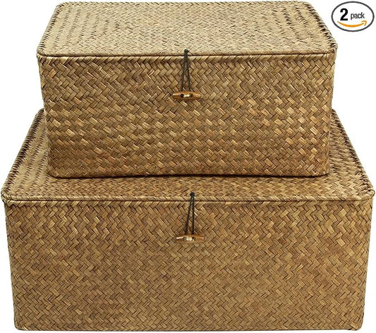 Shelf Storage Baskets with Lid, 2-Pack Wicker Storage Bakset, Woven Seagrass Decorative Boxes Storage Basket, Coffee Large+XXLarge