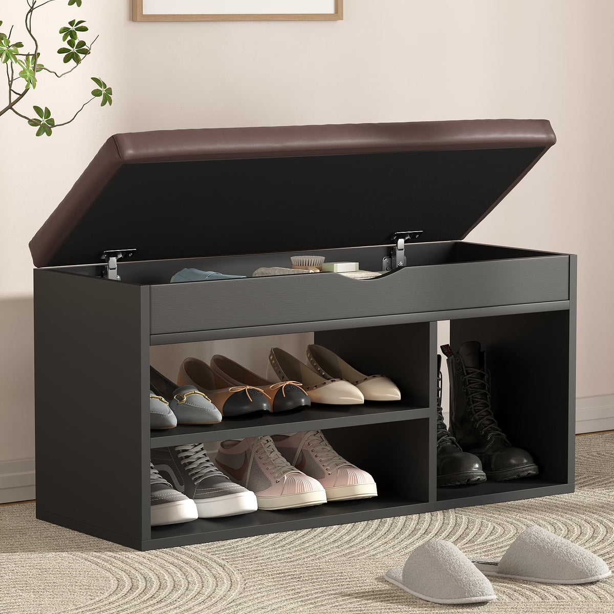 Apicizon Entryway Bench with Shoe Storage, Black - Image 1