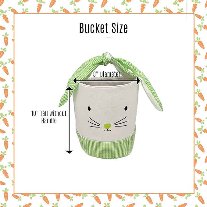 Easter Bunny Canvas Basket, Easter Egg Basket, Bunny Face, White with Gingham Pattern, 8x10 Inches, Foldable Tie Handle (Green)