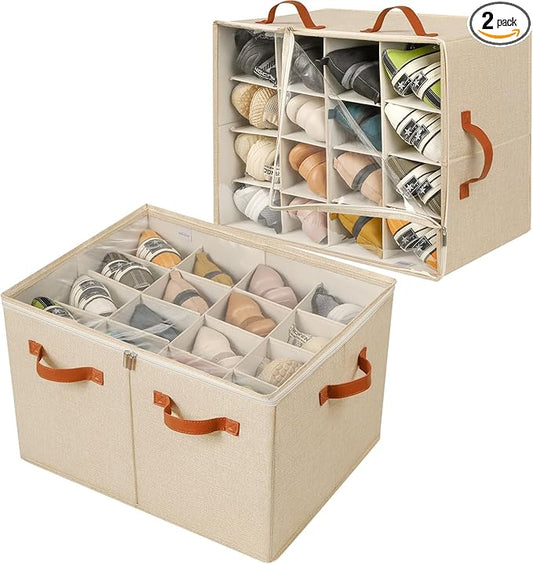Shoe Organizer for Closet 2 Pack, Foldable Shoe Box with Adjustable Dividers and Clear Cover, Space Saving Shoe Storage Organizer Cabinet with Reinforced Handles, Fits 32 Pairs TP12J