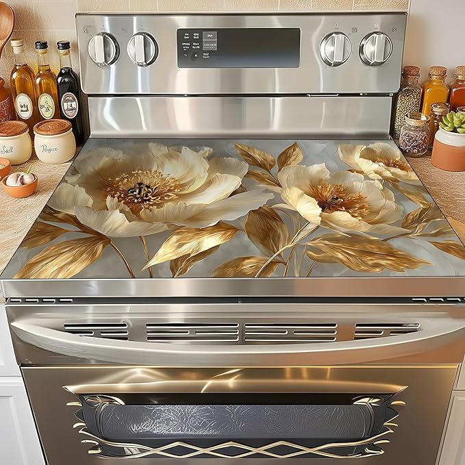 Stove Top Covers for Electric Stove, Stain-Resistant Cooktop Pad, Wipeable Range Cover, Non-Slip Counter Mat, 28.3 x 20.5 Inches, Elegant Gold Floral Decor(Peony flower)