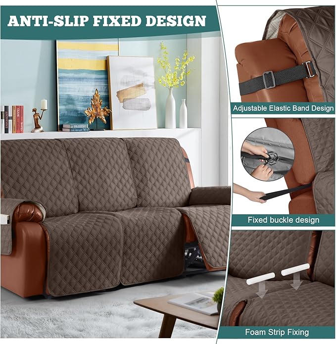 Ruaozz Waterproof Recliner Sofa Covers, 1-Piece Couch Covers for Reclining Couches Reclining Couch Cover Washable Furniture Protector with Elastic Straps Pocket for Kids Pets (Brown, XL 2 Seater)