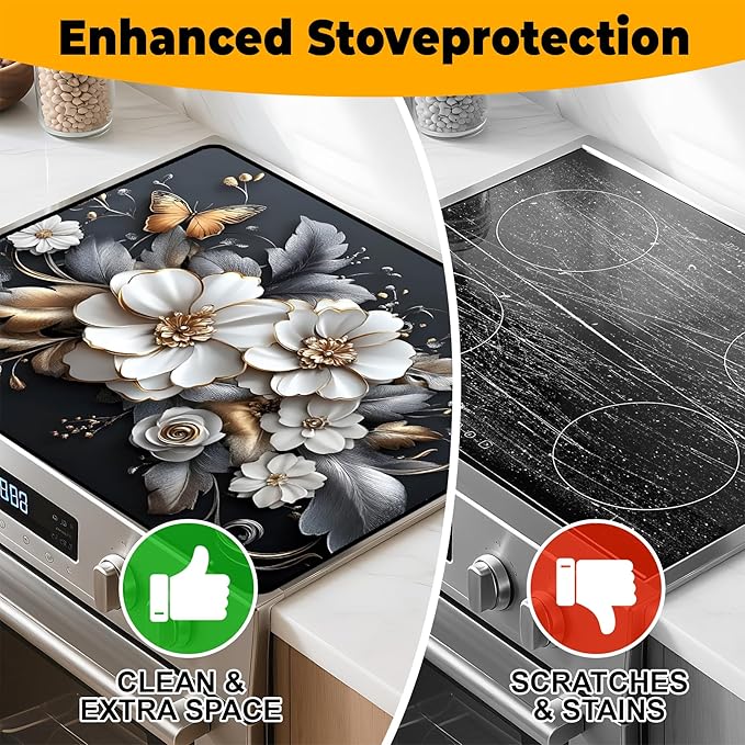 White flower Stove Top Cover Retro Flower Gas Stove Top Cover for Home Decoration Kitchen Pad Non-Stick Washable Cooktop Covers Countertop Protector Keep Stove Clean 28"x20"
