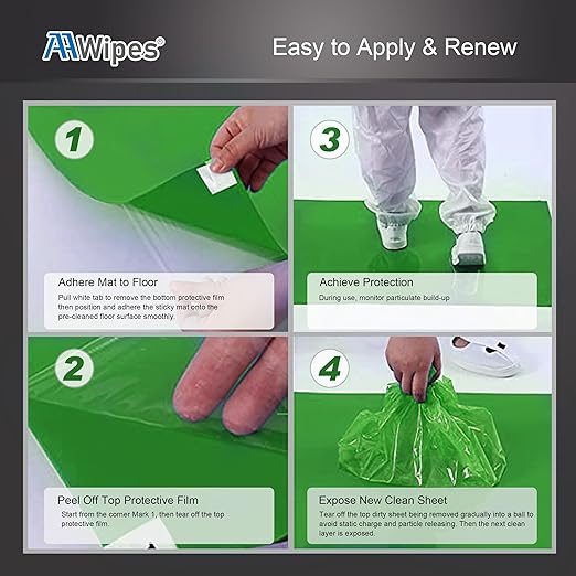 AAwipes Sticky Mat Tacky Pads Adhesive 24" x 36" 5 Packs, 30 Sheets/Packs, 150 Sheets Total Green Cleanroom Floor Mats Remove Dirt for Laboratory Construction Hospital Shoes