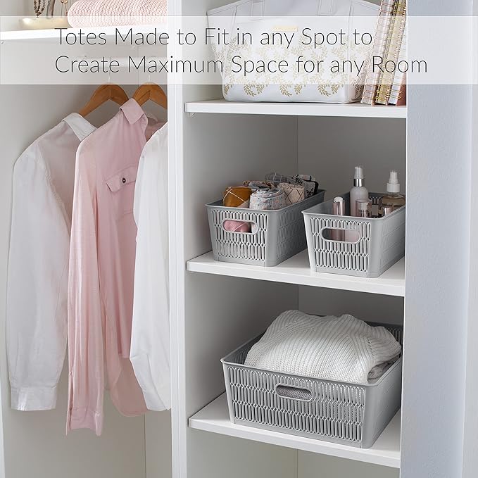 Simplify 4Pk Small Slide 2 Stack It Tote Basket | Storage & Organization | Open Bins with Stackable Capability | Bathroom | Crafts | Pantry | Playroom | Office | Grey