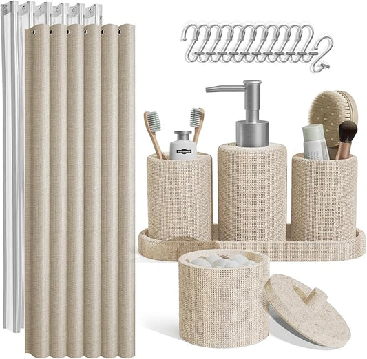 Clara Clark Bathroom Set - Beige Bathroom Accessories Set, 19PC Bathroom Accessory Set, Bathroom Sets with Shower Curtain Set, Soap Dispenser & Toothbrush Holder