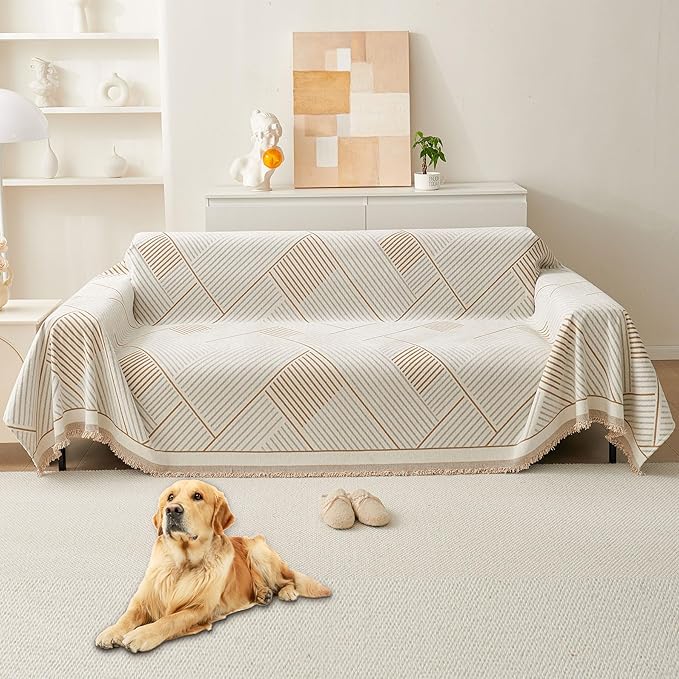 HAOMAIJIA Non Slip Couch Cover Sofa Covers for 2 Cushion Couch Washable sectional Couch Covers for Dogs pet Furniture Protector Couch Cover Blanket for Living Room (CQ-Khaki/Grey, 71"x102")