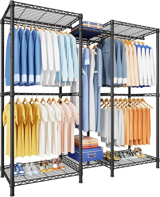 Ulif E12 Clothes Rack，Heavy Duty Freestanding Garment Rack with Shelves，Metal Clothing Closet Storage System for Hanging Clothes，57.1" W x 16" D x 76.5" H, Hold 860 lbs，Black