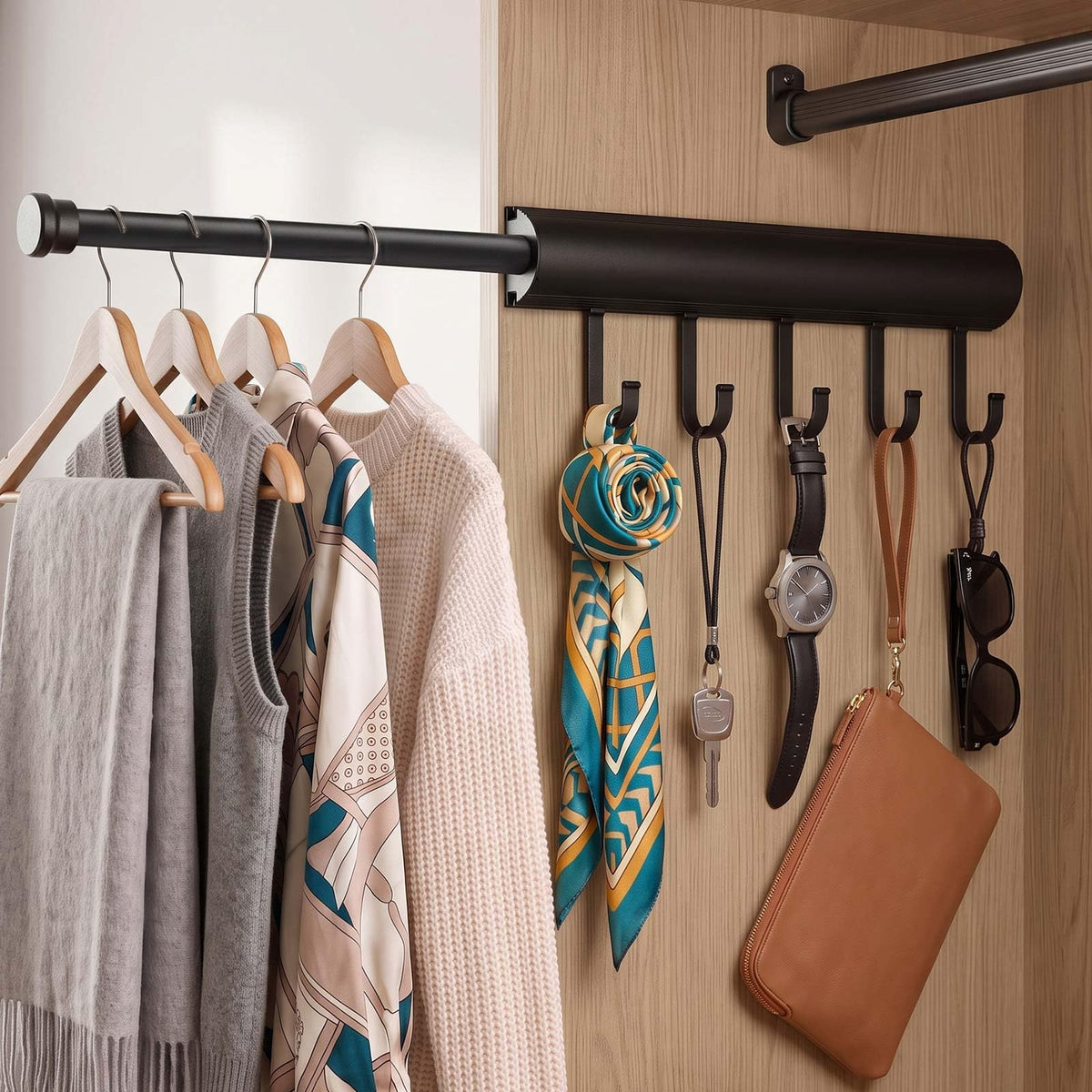 Valet Rod for Closet, 12" Pull Out Retractable with 5 - Image 1