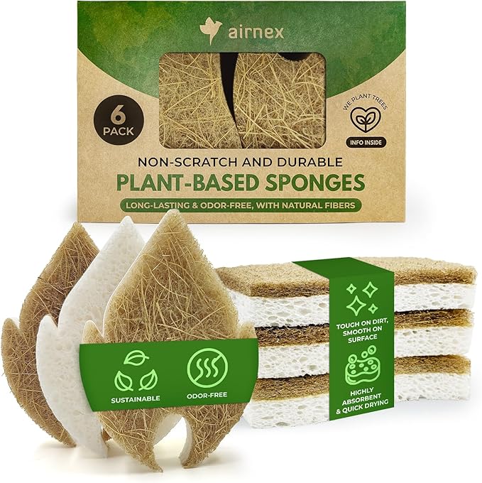 Natural Kitchen Sponges (6 Pack) - Biodegradable Cellulose & Coconut Scrubber Dish Sponge for Kitchen - Eco-Friendly, Non Scratch, Compostable, Non Toxic Leaf Shaped Natural Sponges for Dishes