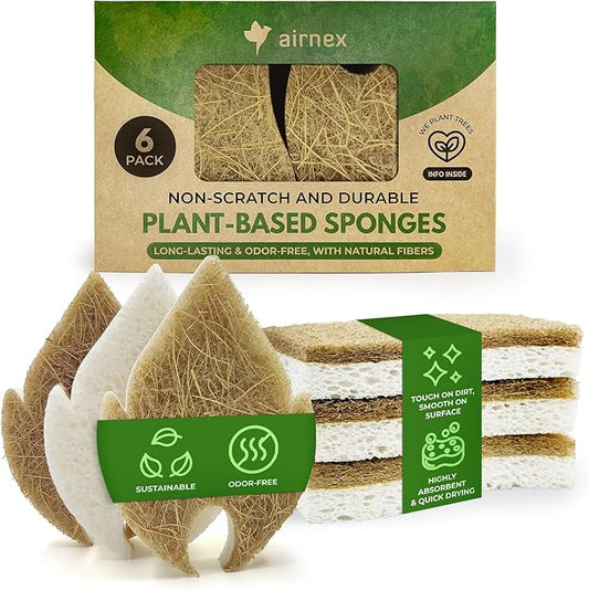 Natural Kitchen Sponges (6 Pack) - Biodegradable Cellulose & Coconut Scrubber Dish Sponge for Kitchen - Eco-Friendly, Non Scratch, Compostable, Non Toxic Leaf Shaped Natural Sponges for Dishes