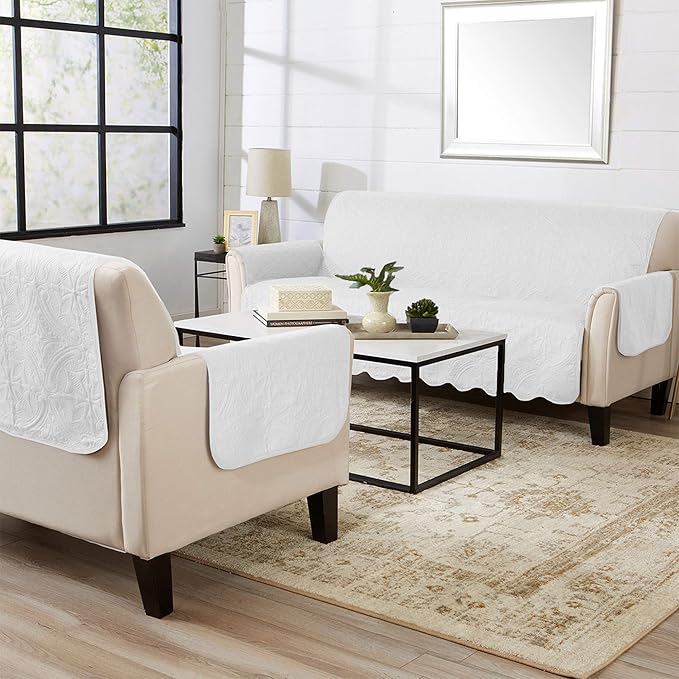 Great Bay Home Reversible Loveseat Cover - Washable Slipcover Furniture Protector with Elastic Straps - Couch Cover for Dogs, Kids, and Pets - Quilted & Stitched Detail (Loveseat, White/Sand)