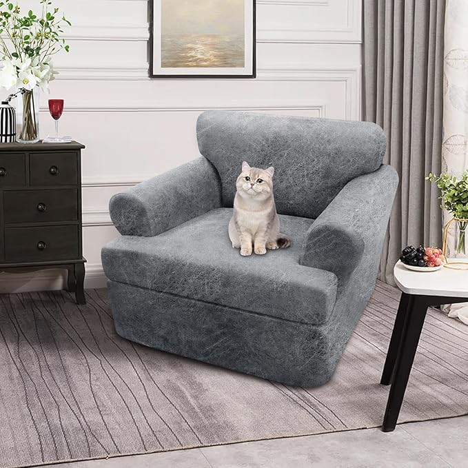 2-Pieces T Cushion Armchair Slipcovers Leather Look Couch Cover Chair Covers Stretch Furniture Protector Sofa Cover with 1 Individual T Cushion Seat Cover Slipcover Sets Washable, Light Grey