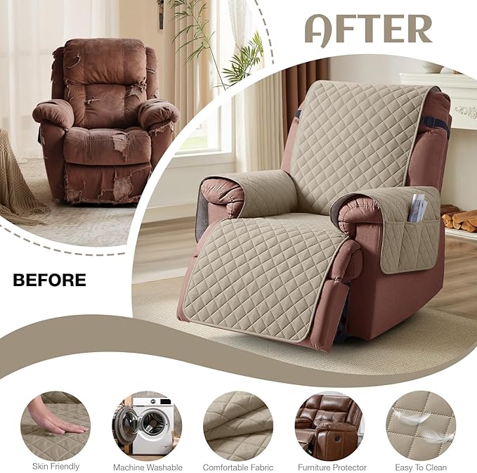 KinCam 100% Waterproof Recliner Chair Cover, Reclining Couch Covers for Pets, Dogs, Recliner Couch Slipcover Furniture Protector with Elastic Straps for Kids(23.6", Khaki)