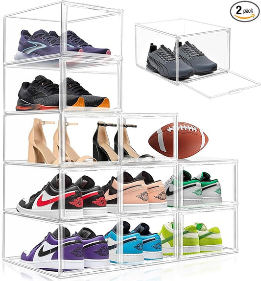 2 Pack Drop Front Shoe Boxes Acrylic Box Sneaker Case Size 12, Transparent Display Cases for Sneaker Collections, Baseball Caps, Hat Organizer Dust-free Shoe Cubbies Stackable Sneaker Boxes
