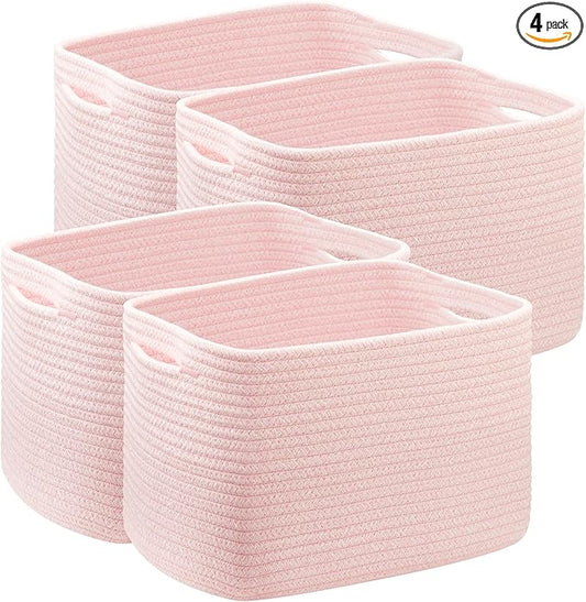 Pink Storage Bins 4 Pack Basket for Shelves Pink Rope Basket for Baby Nursery Organization 12.7"Lx9"Wx7.9"H