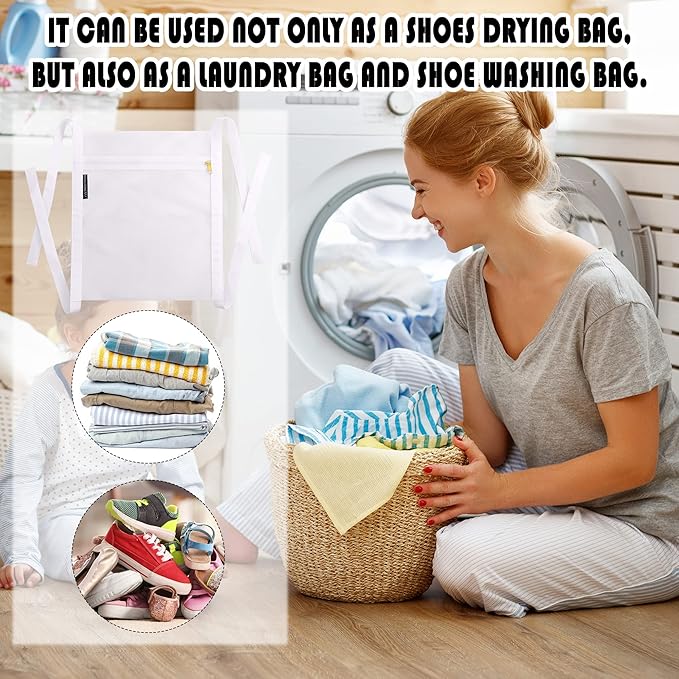 Sneaker Dryer Bag, 2 Pcs Reusable Sneaker Drying Mesh Bags, Honeycomb Net Laundry Bags with Zipper & Strap for Washing Machine, 15.7''x13.8'', White