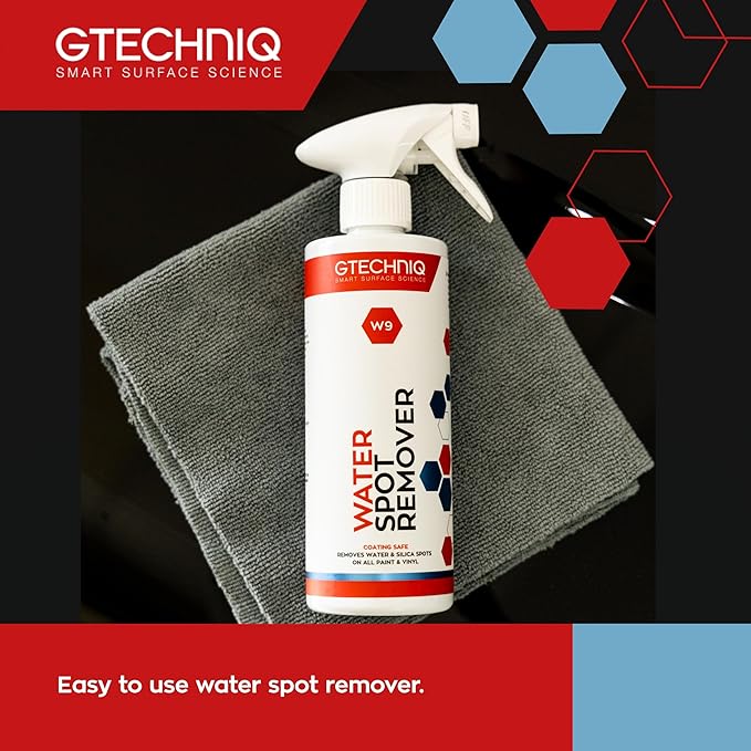 Gtechniq W9 Water Spot Remover for Cars, 8.45 fl oz | Advanced Solution Easily Removes Stubborn Water and Silica Spots from Bodywork, Suitable for Glass, All Paint Types and Vinyl