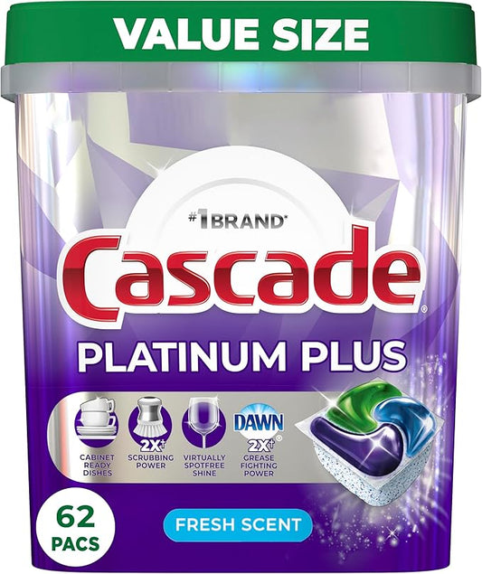 Cascade Platinum Plus Dishwasher Pods, Dishwasher Detergent, Dishwasher Soap, Dish Tabs, Dishwashing Tablets, Dish Detergent, Fresh, Actionpacs, 62 Count