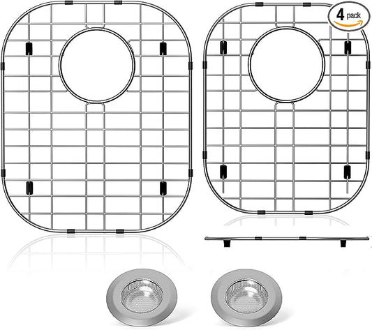 2Pack Sink Protector Grid 13"x16"and 11.2"x14.5", 304 Stainless Steel Sink Protectors for Kitchen Sink, Rust Resistant Metal Kitchen Sink Grid with 2Pack Sink Strainers (Rear Drain/4Pack)