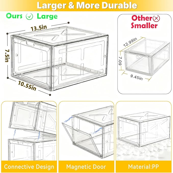 Stackable Clear Green Shoe Boxes 6 Pack with Magnetic Door, Drop Front Sneaker Storage Organizer for Closet, Large Transparent Plastic Shoe Storage Containers