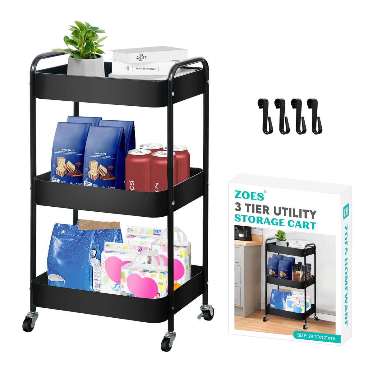 ZOES HOMEWARE 3 Tier Metal Rolling Cart on Wheels,Heavy Duty - Image 1