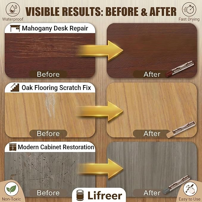 Lifreer Wood Filler Sticks,16 Colors Wood Crayons for Scratches, Scuffs, Cracks, Stains and Holes, Furniture Wax Crayons Pen for Touch Up Furniture, Floors, Cabinets, Tables, and Doors