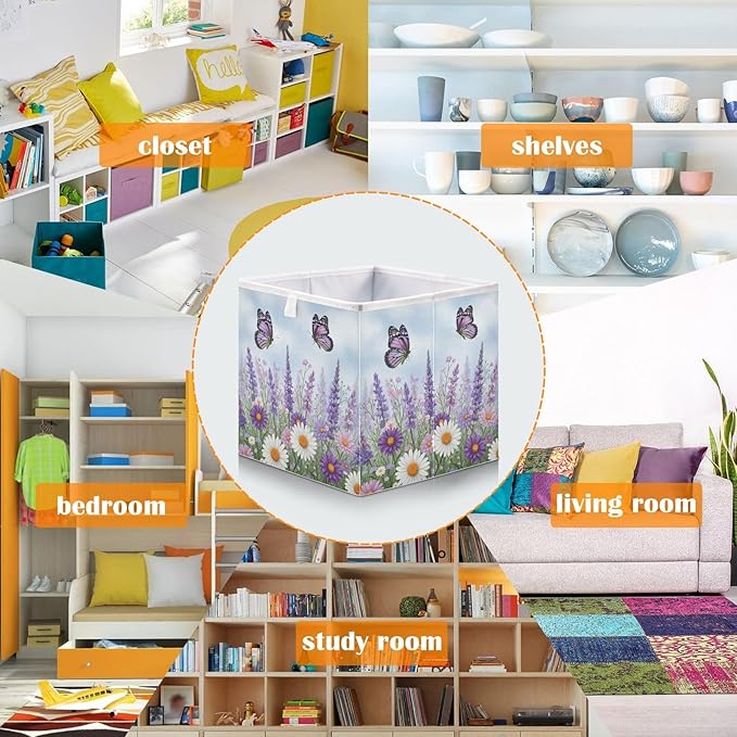 Bolaz Spring Wild Flowers Purple Butterfly Closet Organizers Storage Cubes Storage Bins Shelf Baskets Containers for Home Room Office,Rectangle