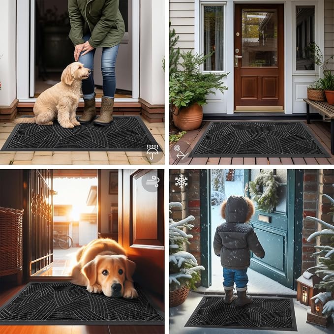Smiry Front Door Mat Outside Entrance, Heavy Duty Sturdy Natural Rubber Doormat, Trap Dirt and Moisture, Easy Clean Low Profile Mats for Indoor Outdoor Entry, Interwoven Stripes 35x23, Black