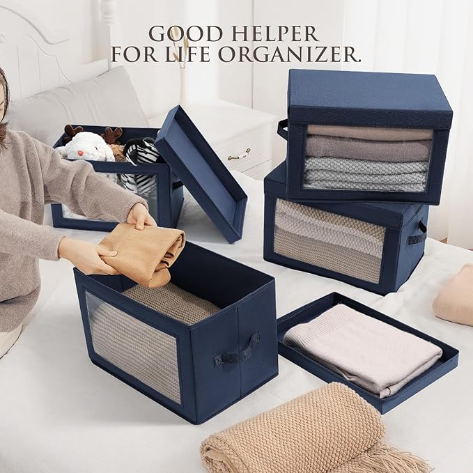 Stackable Storage Bins with Lids - Medium Storage Box with Lids, Foldable Closet Boxes for Organizing, Wardrobe Clothes Organizer with Window, Cubes Bins for Living Room, 5 Pack, Navy Blue