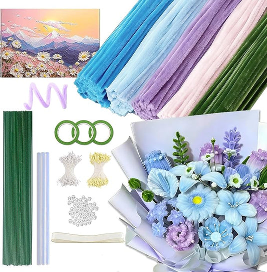 500PCS Pipe Cleaners Craft for Flower - 5 Assorted Colors Chenille Stems Pipe Cleaners Bulk 25sturdy floral stems, 200Stamens, Ribbon, Glue Sticks & Pearls for DIY Bouquets & Home Decor(Blue)