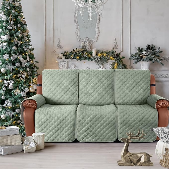 Ruaozz Waterproof Recliner Sofa Covers, 1-Piece Couch Covers for Reclining Couches Reclining Couch Cover Washable Furniture Protector with Elastic Straps Pocket for Kids Pets (Sage Green, 3 Seater)