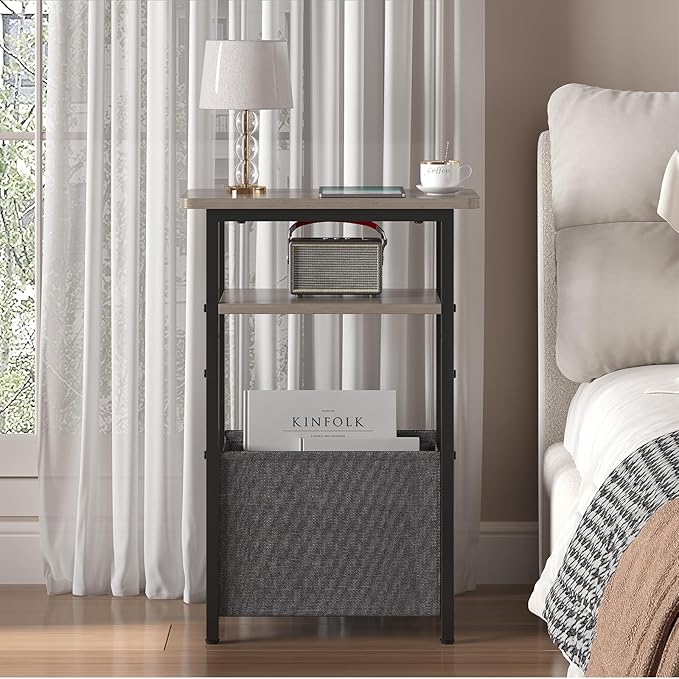 Narrow Side Table Set of 2, Skinny End Tables with Fabric Basket, Small Side Tables for Small Space,2-Tier Open Shelves with Basket, Slim Nightstands Set 2 for Bedroom,Livinroom,Office, Grey