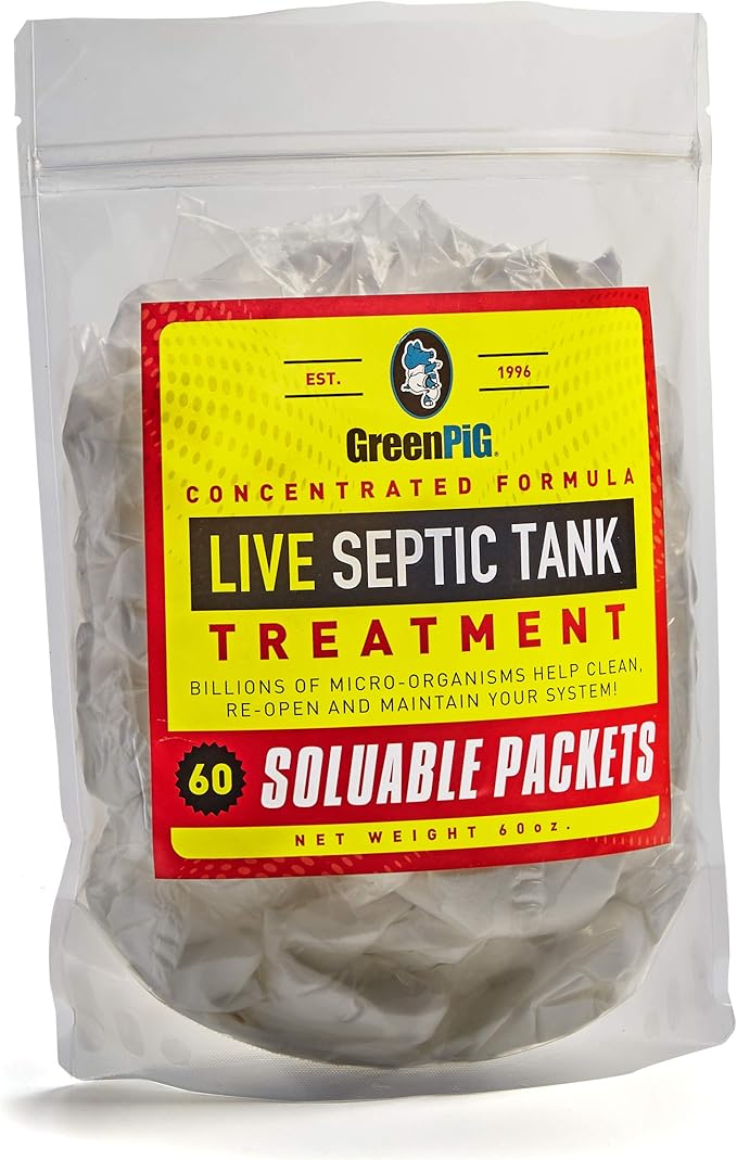 Green Pig Septic Tank Treatment Packets – Septic-Safe Enzyme Treatment for Preventative Maintenance, Helps Prevent Clogs & Odors, Shareable Supply (60 Packets)