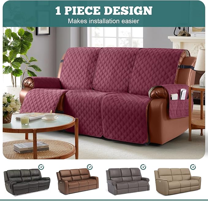Ruaozz Waterproof Recliner Sofa Covers, 1-Piece Couch Covers for Reclining Couches Reclining Couch Cover Washable Furniture Protector with Elastic Straps Pocket for Kids Pets (Wine, 3 Seater)