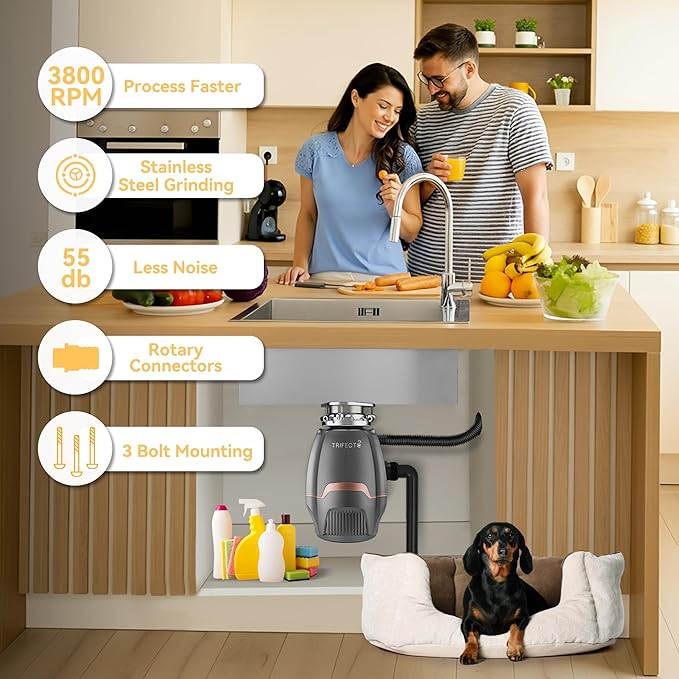 Trifecte Pro 3/4 HP Garbage Disposals with Sound Reduction,Food Waste Coutinuous Feed Garbage Disposal with Power Cord, Dishwasher Hook Up