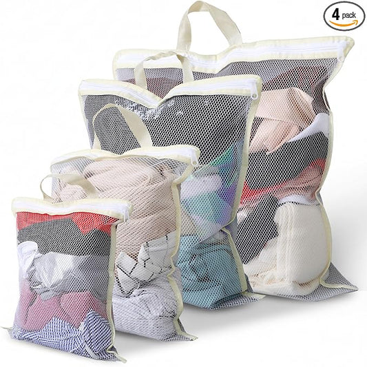 4PCS Mesh Laundry Bags for Washing Machine Hanging Laundry Hamper Delicates Laundry Bag with Handles (S/M/L/XL) Zipper Opening Wash Bag for Coat Sweater Lingerie Sock Sheet