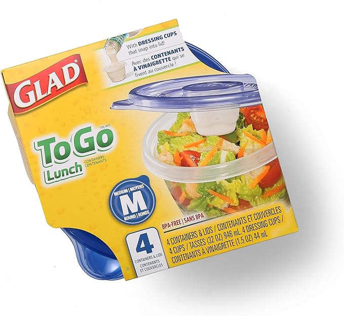 Glad GladWare To Go Lunch Food Storage Containers - Medium Round - Meal Container Holds up to 32 Ounces of Food - Lock Tight Seal, 4 Count - 6 Pack