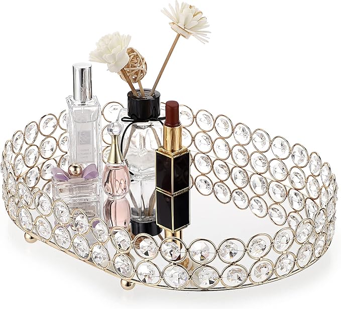 Hipiwe Mirrored Crystal Vanity Makeup Tray, Gold Ornate Jewelry Trinket Decorative Tray Cosmetic Perfume Display Organizer Tray,Home Decor Tray for Dresser/Bathroom, 11.8" x 8"