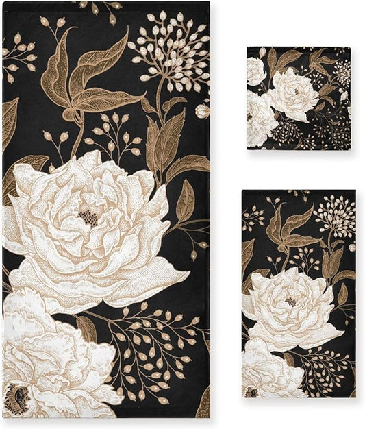 3 Piece Vintage Beige Peony Bath Towels Set,Microfiber Absorbent Gold Black Floral Leaves Rustic Towels for Bathroom,1 Bath Towel,1 Hand Towel,1 Washcloth,Decorative Guest Bathroom Towels