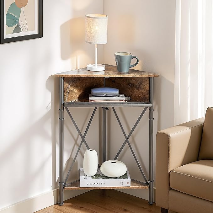 VECELO Corner Table/Cabinet with Flip Door and Storage Shelves, Free-Standing Organizer for Compact Space in Living Room/Study/Lobby/Bedroom,Industrial