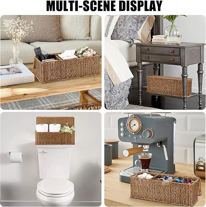 Sumnacon Wicker Storage Basket with Lid, Rectangular Narrow Baskets for Bathroom, Farmhouse Imitation Rattan Bin with Dividers, Decorative Handwoven Tray Organizer for Countertop Shelves Toilet Tank