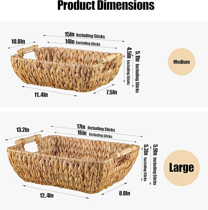 Woven Storage Baskets – Set of 2 Handwoven Water Hyacinth Wicker Baskets with Wooden Handles for Organizing, Decorative Baskets for Laundry Room, Home Decor - Large & Medium