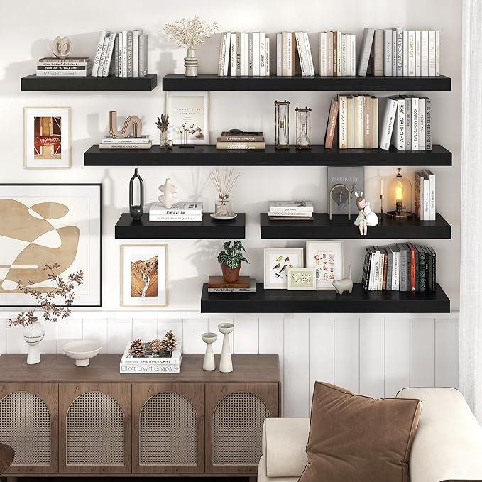 Floating Shelves for Wall, 72 Inch Wide x 12 Inch Deep Floating Shelves, Long Wood Floating Wall Shelf Shelves for Living Room Bathroom Bedroom Kitchen Home - (Black, 72" W x 12" D x 2" H)