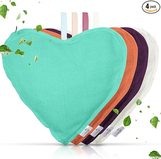 4 Pack Bamboo Charcoal Air Purifier Bags 200 Grams Each - Odor Absorber for Home, Car, Pets, Activated Charcoal Natural Freshener, Eco-Friendly & Reusable (Heart Shape)
