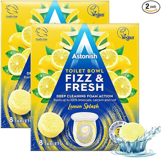 Astonish Foaming Lemon Splash Toilet Bowl Cleaner - Deep Cleaning Limescale, Calcium & Rust - No Bottle, Removes Hard Stains - 16 tablets (2 Boxes of 8)