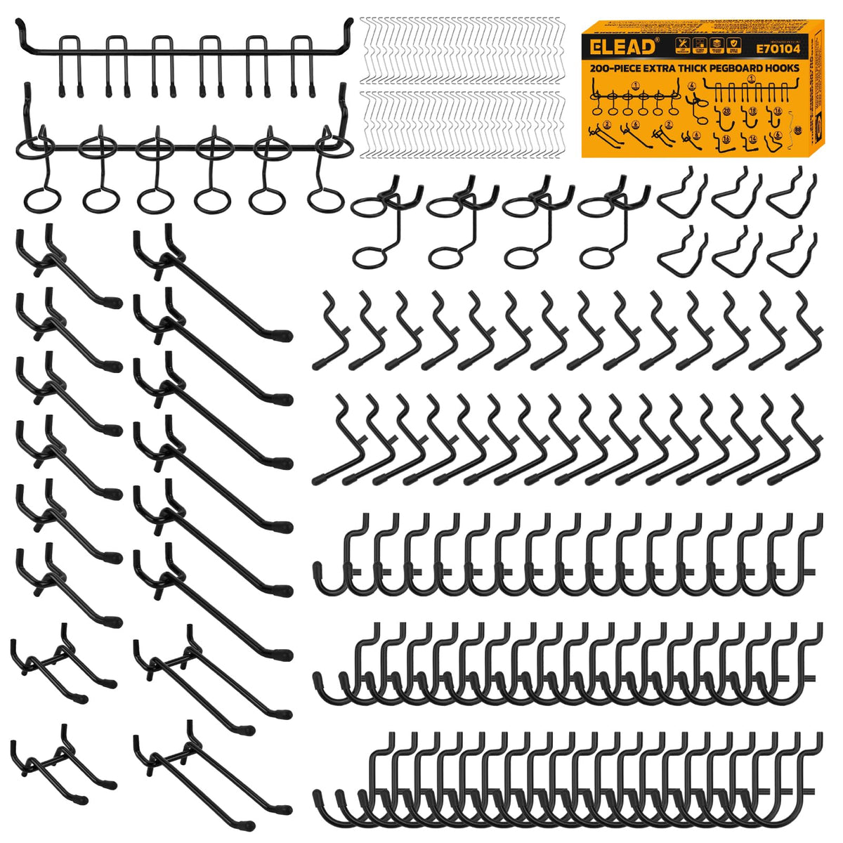 200-Piece Extra Thick Pegboard Hooks Set, 1/4" Heavy Duty - Image 1